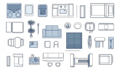 Furniture outline top view for floor plan. Set of isolated linear icons for interior design. Design elements for apartments, living room, bedroom, kitchen, bathroom. Furniture store.