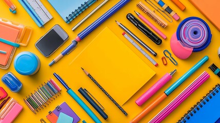 Colorful school supplies arranged in a geometric pattern on a bright background.