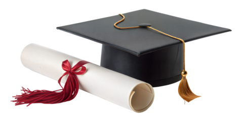  A graduation cap with golden tassel and a diploma scroll symbolize academic achievement, student success, and degree award