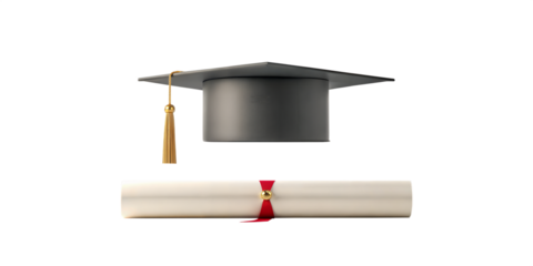 A floating graduation cap with a golden tassel and diploma scroll symbolizes graduation ceremony, academic success, and degree achievement