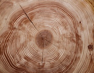 Naklejka premium Close-up of a tree trunk cross-section showing detailed concentric growth rings and natural cracks radiating from the center, highlighting the texture and age of the wood.