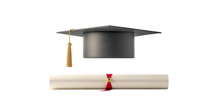 A floating graduation cap with a golden tassel and diploma scroll symbolizes graduation ceremony, academic success, and degree achievement