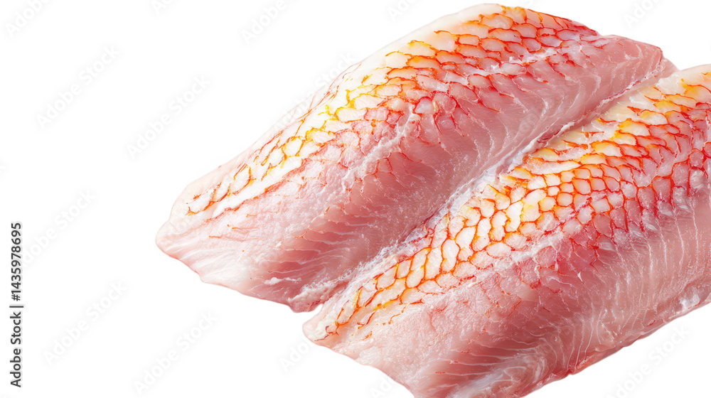 Poster two fillets of fresh fish with a delicate pink hue and distinct red markings. arranged neatly agains