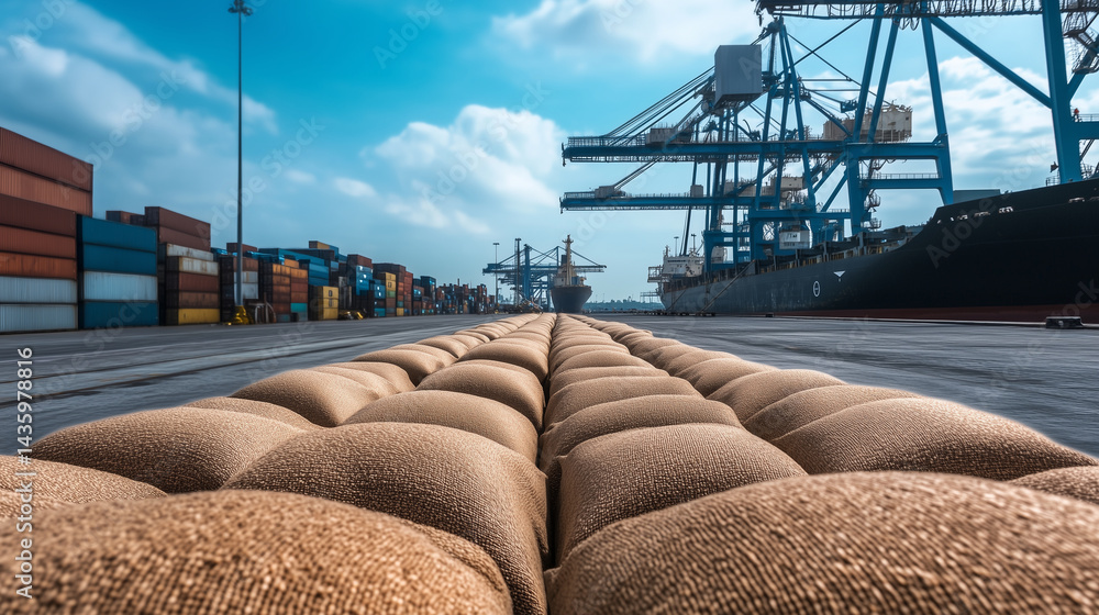 Aufkleber rows of wheat grain sacks neatly stacked on a port dock, ready for loading onto large cargo vessels.
