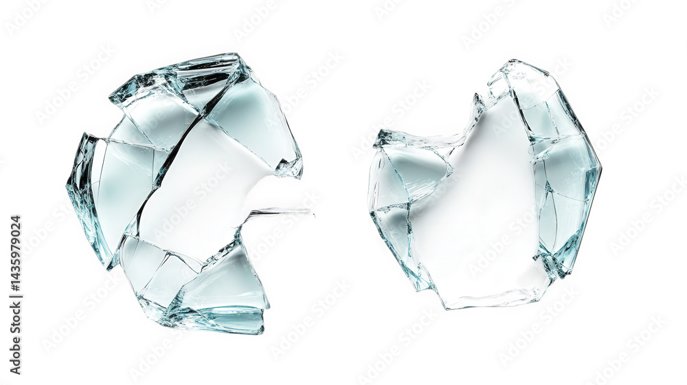 Poster two broken pieces of glass. showcasing sharp edges and irregular shapes the glass fragments are tran