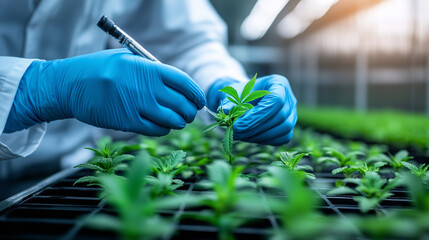 Close-up of a scientist with blue nitrile gloves carefully examines the leaves of a medicinal marijuana plant in a controlled greenhouse environment. The researcher notes the plant