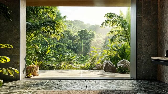 Luxury Bathroom with Jungle View: Tranquil Oasis Design, Modern Minimalist Interior, Large Window, Natural Light, Greenery, Relaxation, Spa-Like Ambiance, Calm, Serene, Stone, Plants, Palm Trees