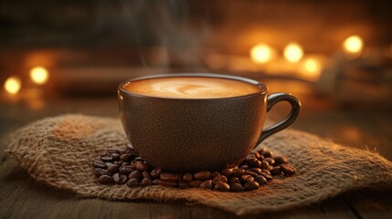Steaming Coffee Cup on Rustic Wooden Table
