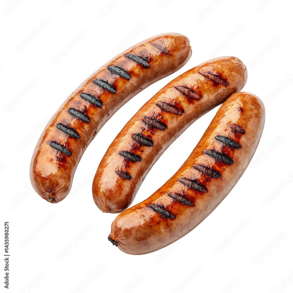 Poster three grilled sausages with distinct char marks. showcasing a delicious and appetizing appearance pe