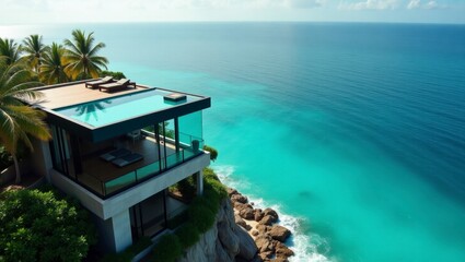 Fototapeta premium Beautiful tropical modern house located on the beach featuring a rooftop infinity pool overlooking the ocean and lush surroundings