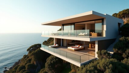 Fototapeta premium Stunning coastal luxury house featuring modern architecture and expansive living spaces surrounded by natural beauty and ocean views
