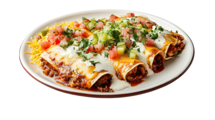 plate of enchiladas topped with cheese. sour cream. and fresh garnishes like diced tomatoes. onions. and cilantro. accompanied by a side of shredded cheese this dish showcases vibrant colors and textu