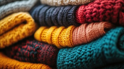 Fototapeta premium A stack of colorful, cozy knit sweaters, folded neatly together in a pile. Use it for fashion, winter, or handmade crafts related designs.