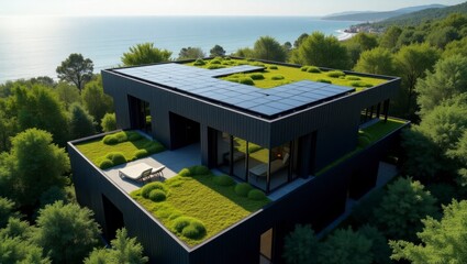 Eco-conscious home featuring a lush green roof surrounded by scenic views and modern architecture in a beautiful natural setting
