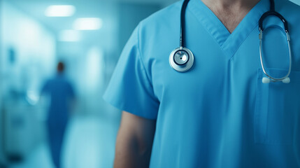 A doctor in a blue uniform with a stethoscope looks directly into the camera in a hospital setting. Prepared to assist with general check-ups, the medical professional symbolizes p