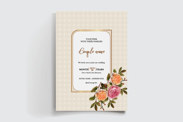 WEDDING INVITATION FRAME WITH FLOWER DECORATIONS AND FRESH LEAVES