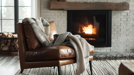 Fototapeta premium Soft leather lounge chair in front of a fireplace with a cozy throw blanket.