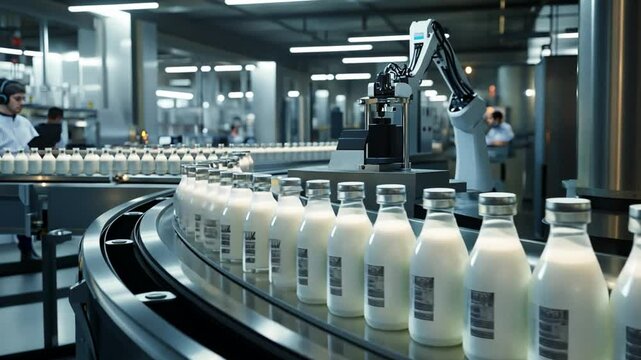 Automated Dairy Production: A high-angle shot of a dairy plant production line. Bottles of milk move through a series of automated machinery, a testament to modern efficiency and precision