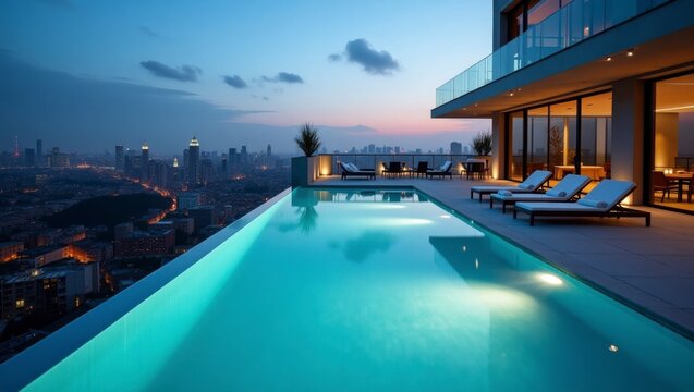 Luxurious modern rooftop infinity pool overlooking a sleek urban residence with stunning city views and clear blue skies