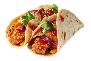 Tortilla wrap with fried chicken meat and vegetables isolated on white background PNG


