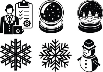 This vector illustration showcases a set of black silhouette christmas icons, a holiday collection with tree, gift, ball, and cake symbols perfect for festive design