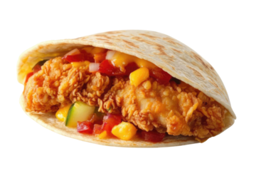 Tortilla wrap with fried chicken meat and vegetables isolated on white background PNG

