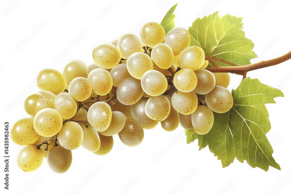 Poster a cluster of green grapes is depicted on a vine with leaves. showcasing their smooth texture and nat