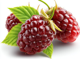 black cherry withe green leaves on white bavkground