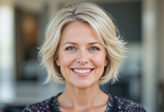 Mujer de mediana edad con cabello rubio corto y ojos azul claro sonr&iacute;e c&aacute;lidamente