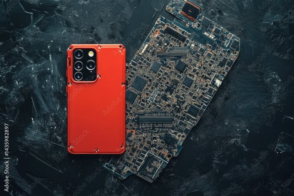 Poster red smartphone with a multi-lens camera rests next to a circuit board, highlighting the technology i