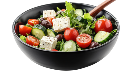 a vibrant salad featuring fresh ingredients like cherry tomatoes. cucumbers. black olives. and feta cheese. all mixed with leafy greens the dish is served in a black bowl. ideal for a healthy meal or