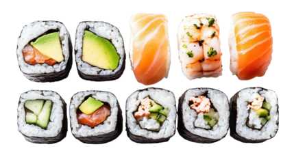 an assortment of sushi. including rolls filled with avocado. cucumber. and fish. alongside nigiri topped with various seafood the vibrant colors and neat presentation highlight the culinary art of sus