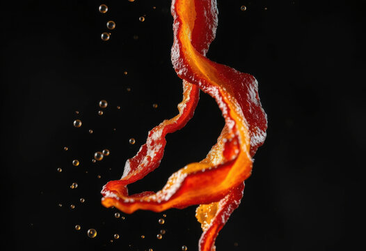 Tiras de tocino crujientes que se retuercen en el aire