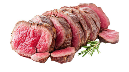 Obraz premium beautifully sliced piece of cooked meat. showcasing its juicy pink interior and well-seared outer layer a sprig of rosemary is placed beside it. enhancing the presentation ideal for culinary purposes.
