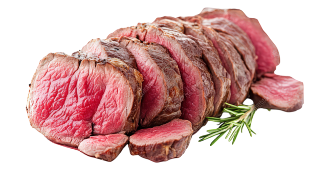 beautifully sliced piece of cooked meat. showcasing its juicy pink interior and well-seared outer layer a sprig of rosemary is placed beside it. enhancing the presentation ideal for culinary purposes.