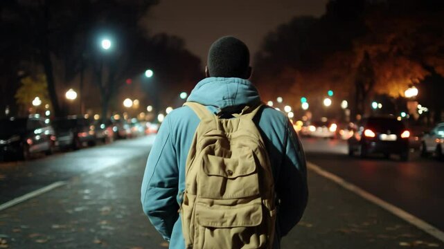 Rear view of traveler with backpack walks on lit empty urban street at night, cityscape and traffic blur in background for moody cinematic travel scene