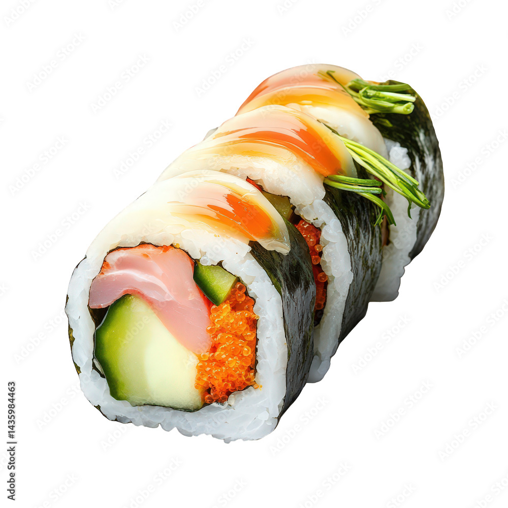 Poster a sushi roll featuring layers of rice. seaweed. and various fillings. including cucumber. fish. and 