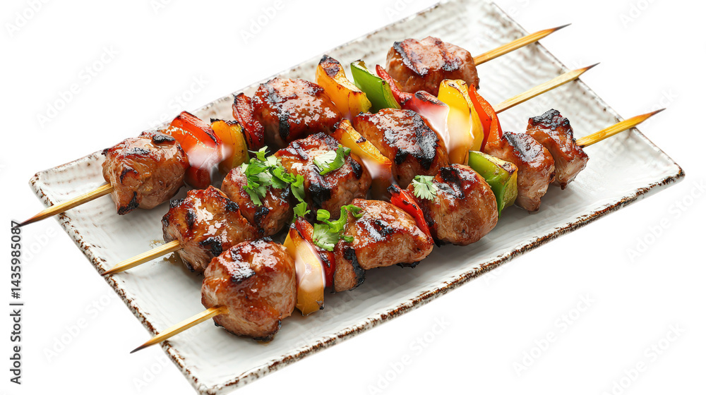 Poster platter of grilled skewers. showcasing chunks of marinated meat interspersed with colorful bell pepp