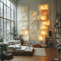 Artistic Living Room Interior with Unique Wall Lighting and Cozy Decor