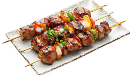 platter of grilled skewers. showcasing chunks of marinated meat interspersed with colorful bell peppers the skewers are arranged neatly on a rectangular plate. highlighting the delicious and visually