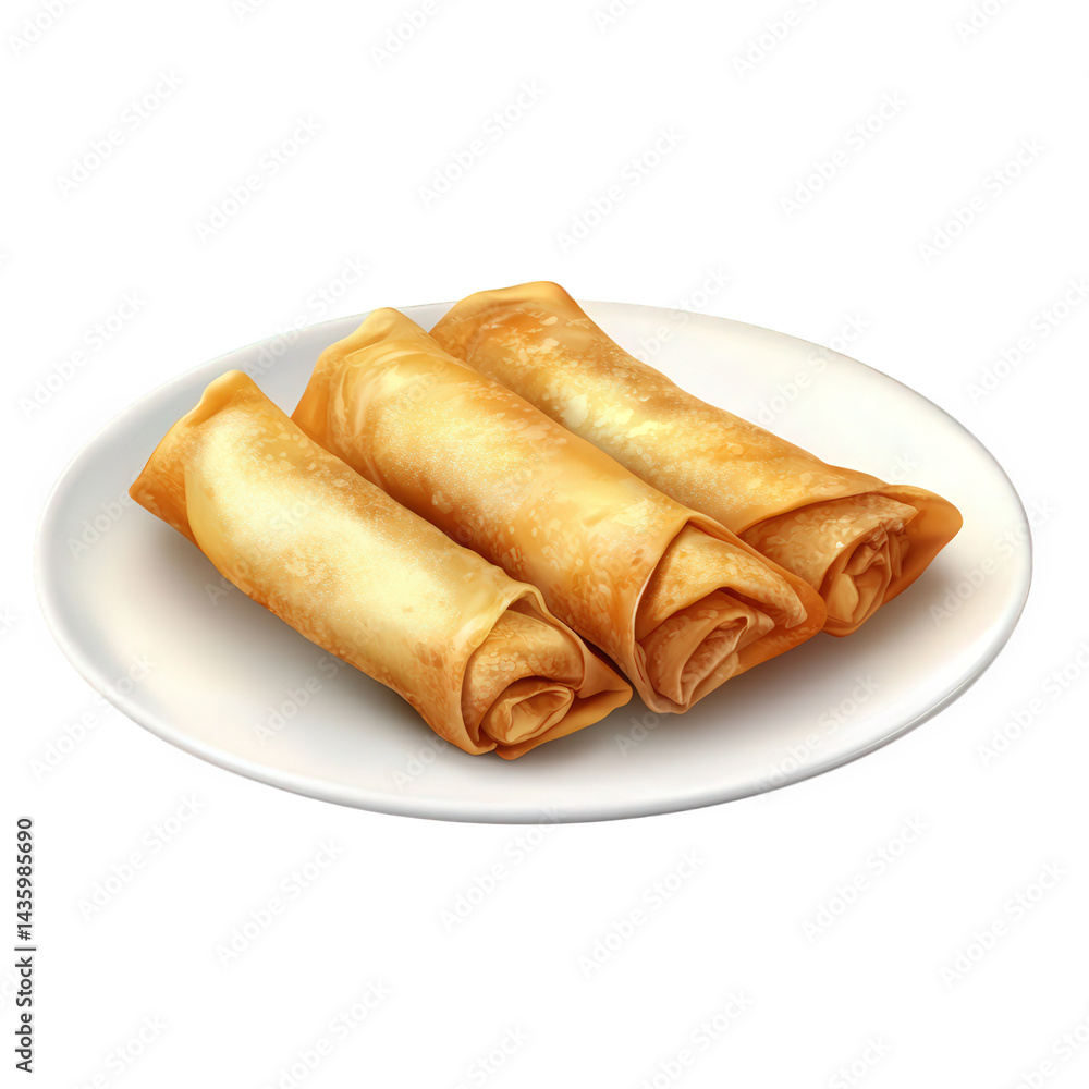 Poster three golden. crispy spring rolls neatly arranged on a white plate the rolls are tightly rolled and 