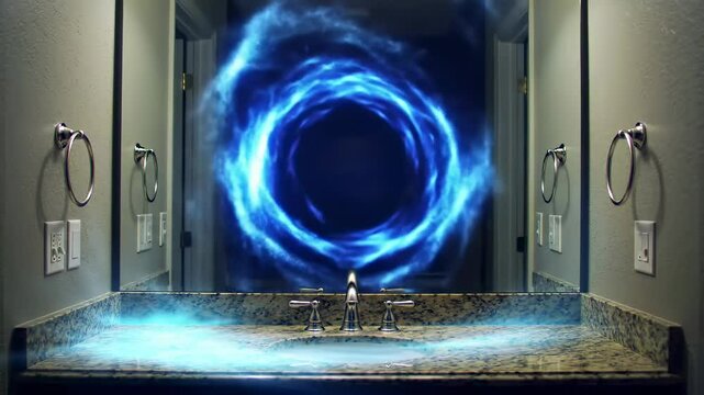 Mysterious blue portal appearing in a modern bathroom with a granite countertop and mirrors - bathroom granite vanity