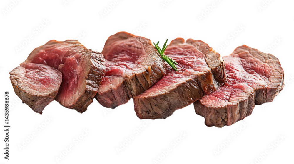Poster several slices of cooked beef. arranged neatly and garnished with a sprig of rosemary the meat appea