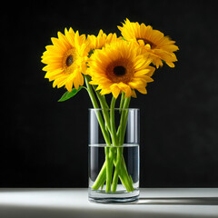 Fototapeta premium A still life presents vibrant sunflowers in a clear glass vase