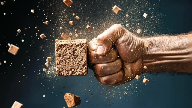 Unbreakable resolve: A strong, weathered hand smashes through a solid brick, creating a dynamic scene of raw power and the overcoming of obstacles.