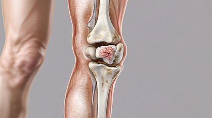 Illustration showing internal bone structure of knee with bursitis inflammation, overlaid with real-life image of person limping from discomfort