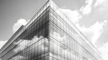 Modern glass building reflects sky and clouds urban area architectural photography bright environment low angle contemporary design
