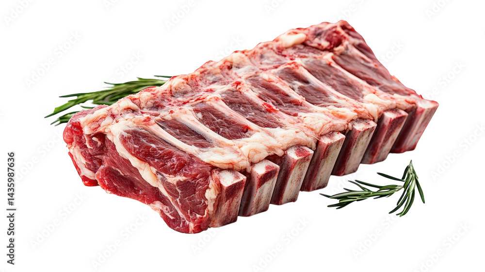 Poster raw rack of lamb. showcasing the meat with visible marbling and bone structure. accompanied by sprig
