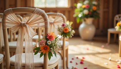 Rustic wedding chairs adorned with flowers in cozy barn, romantic ambiance
