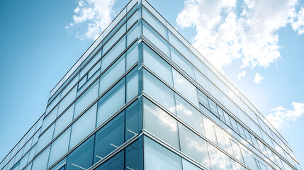 Obraz premium Modern glass building with reflections under clear blue sky urban environment architectural photography